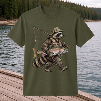 Raccoon Angler Holding Rainbow Trout Fishing Graphic T-Shirt