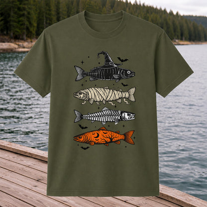 Halloween Witch Mummy Skeleton and Pumpkin Fish Graphic T-Shirt