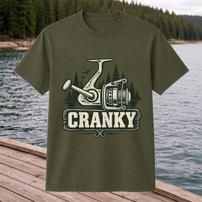 Cranky Vintage Spinning Reel Fishing Graphic T-Shirt