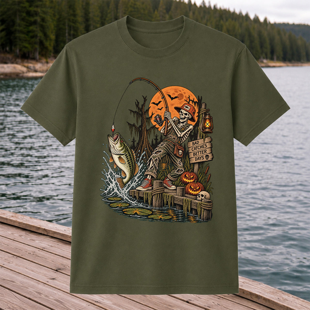 Bad Catches Better Days Skeleton and Bass Halloween Fishing T-Shirt