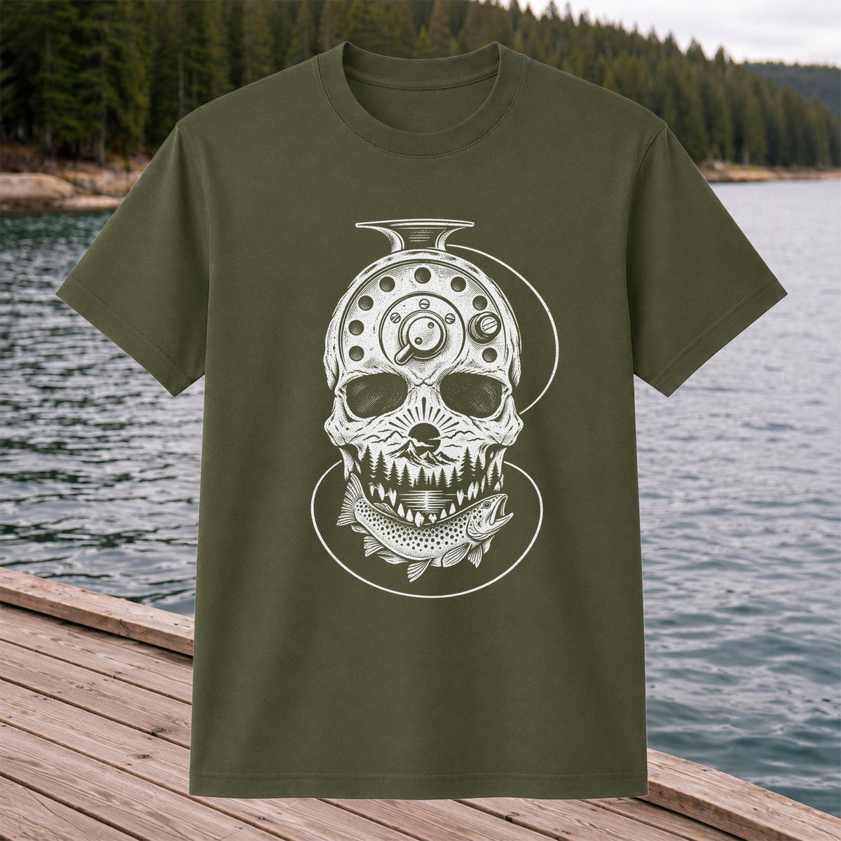 Trout and Fly Fishing Reel Skull Mountain Graphic T-Shirt