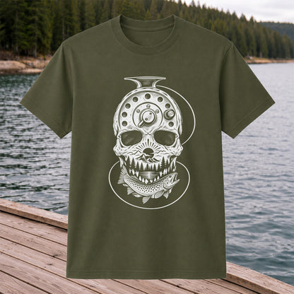 Trout and Fly Fishing Reel Skull Mountain Graphic T-Shirt