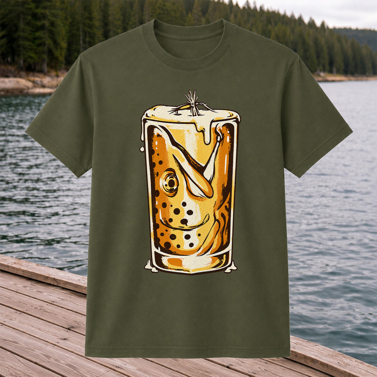 Vintage Trout in a Beer Glass Fishing Graphic T-Shirt