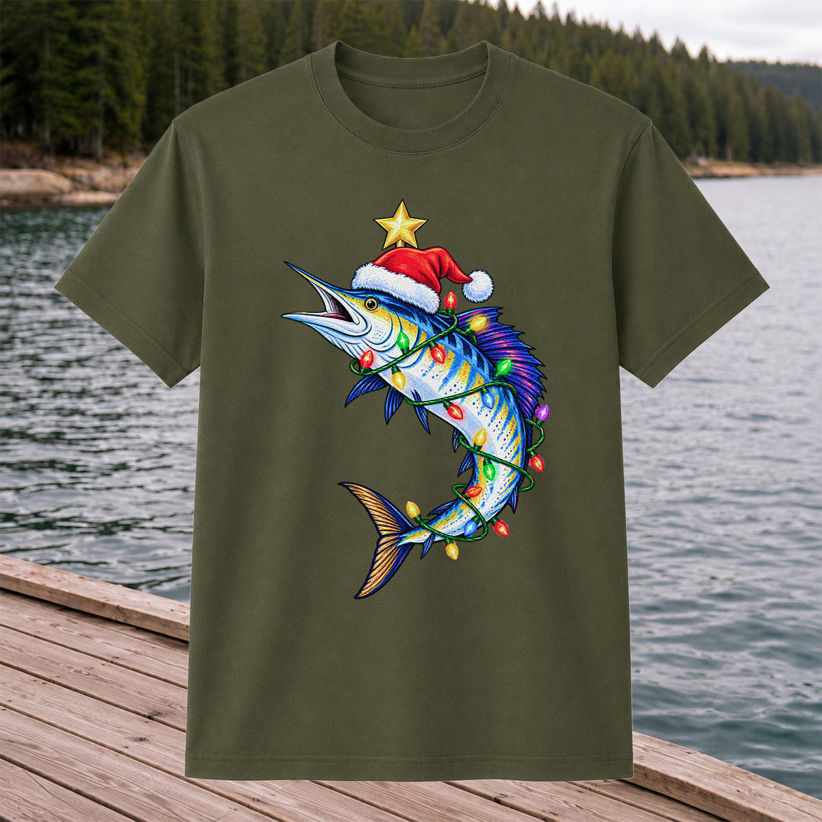 Christmas Marlin Wrapped in Lights Fishing T-Shirt