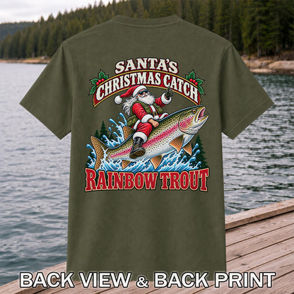 Santa's Christmas Catch Rainbow Trout Fishing T-Shirt | Back Print