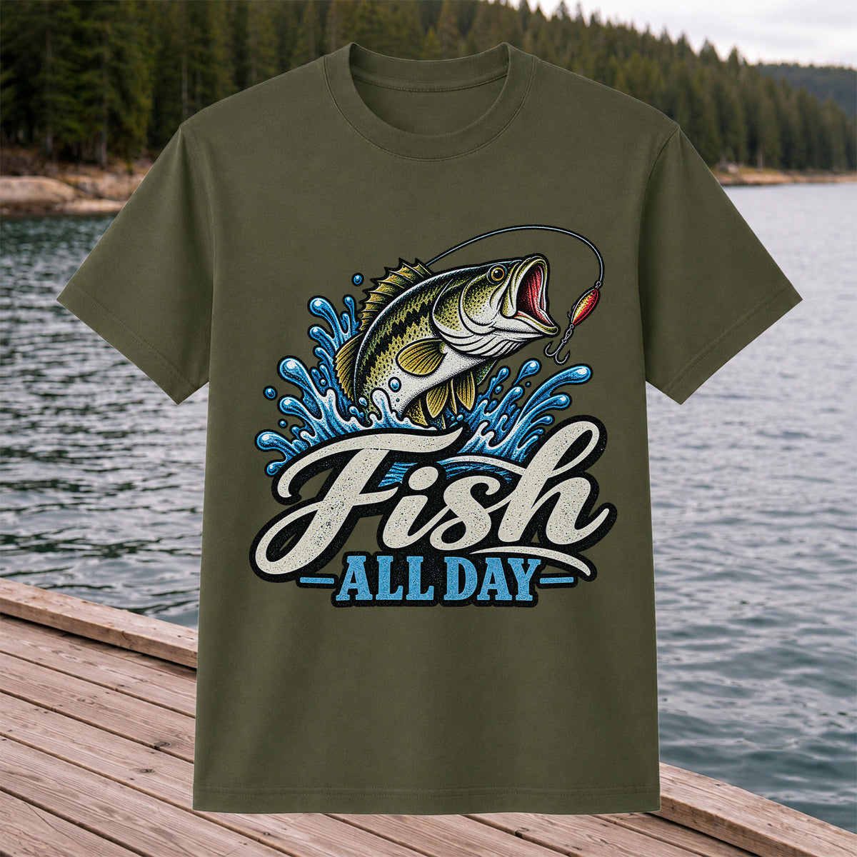 Fish All Day Jumping Bass Fishing Graphic T-Shirt