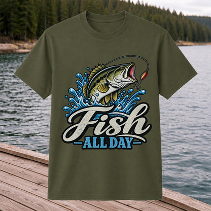 Fish All Day Jumping Bass Fishing Graphic T-Shirt