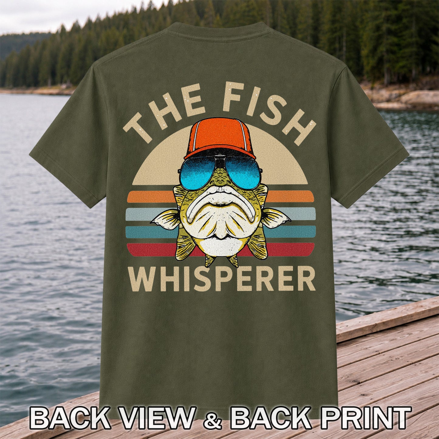 The Fish Whisperer Bass in Sunglasses and Trucker Hat T-Shirt | Back Print
