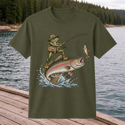 Frog Angler Riding a Rainbow Trout Fishing Graphic T-Shirt