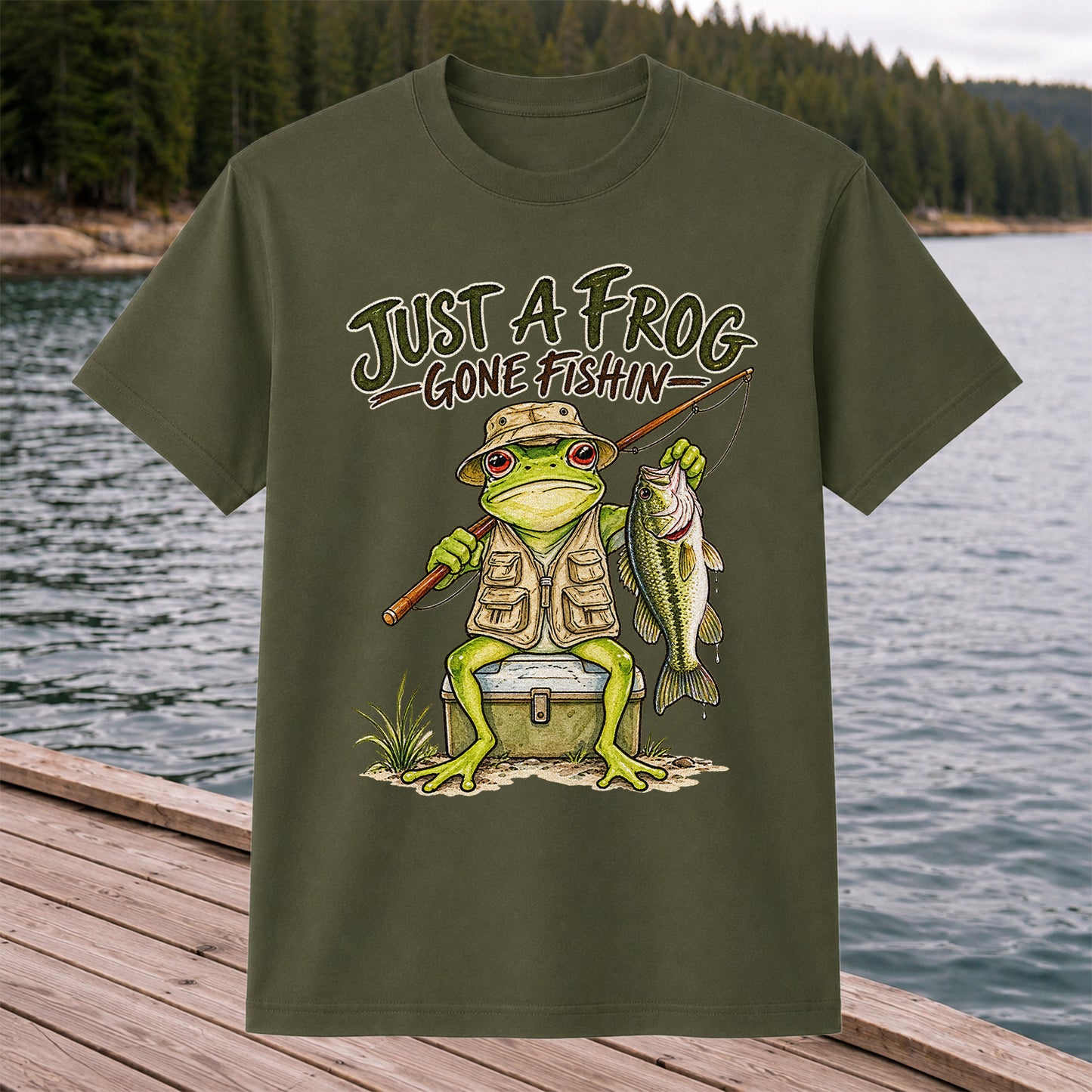 Just a Frog Gone Fishin' Bass Fishing Graphic T-Shirt