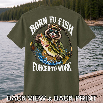 Born to Fish Forced to Work Raccoon Bass Graphic T-Shirt | Back Print