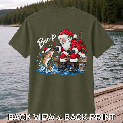 Santa Fishing for Rainbow Trout Christmas Graphic T-Shirt | Back Print