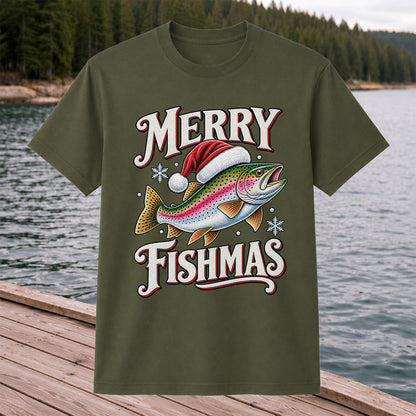 Merry Fishmas Rainbow Trout in a Santa Hat Christmas Fishing T-Shirt