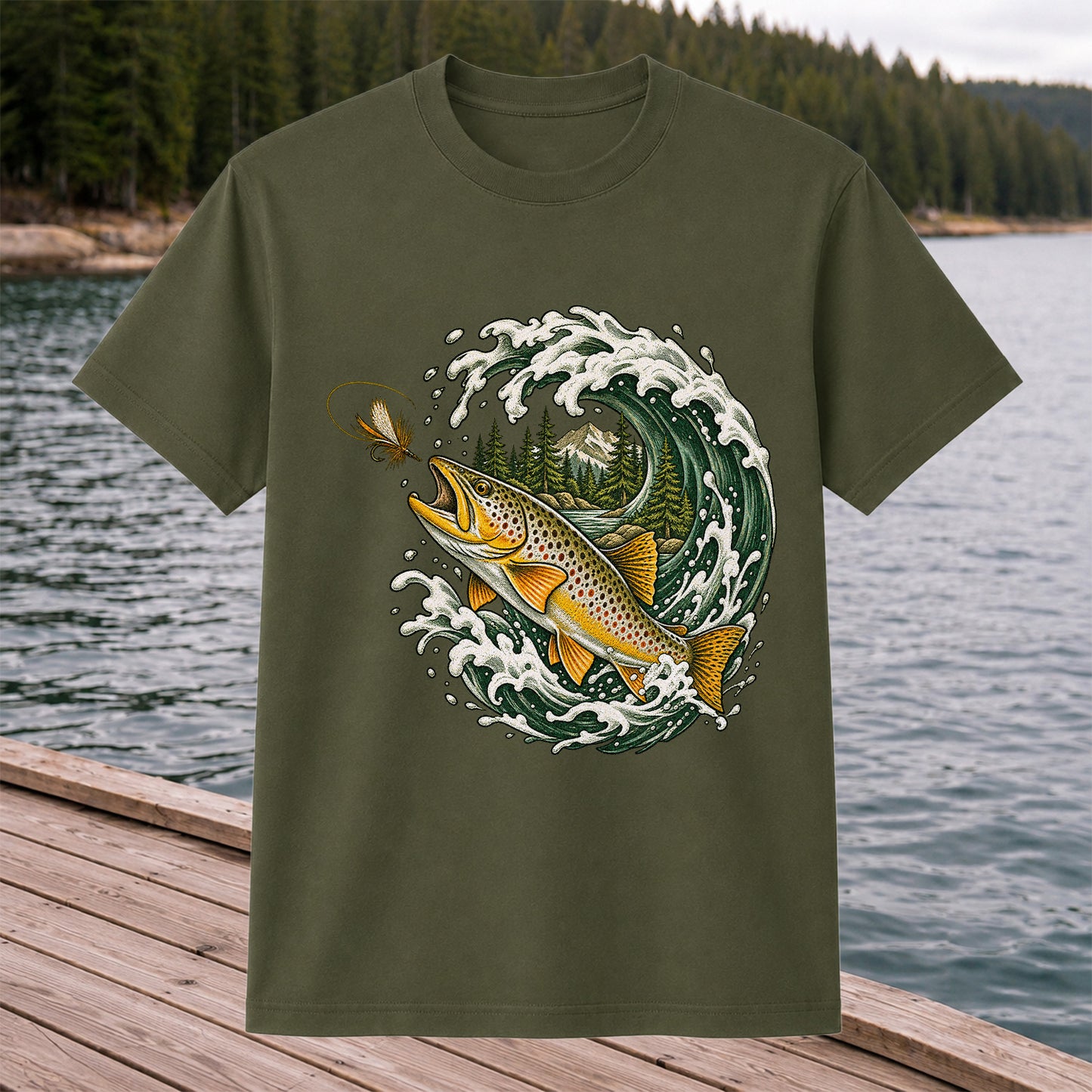 Brown Trout Chasing a Fly Through a Mountain Wave Graphic T-Shirt