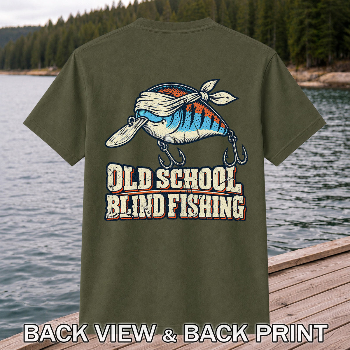 Old School Blind Fishing Blindfolded Lure Graphic T-Shirt | Back Print