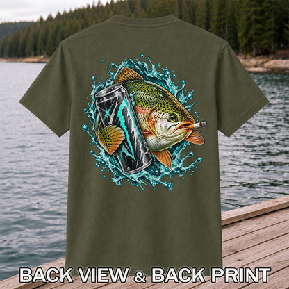 Rainbow Trout with Cigarette and Energy Drink Fishing T-Shirt | Back Print