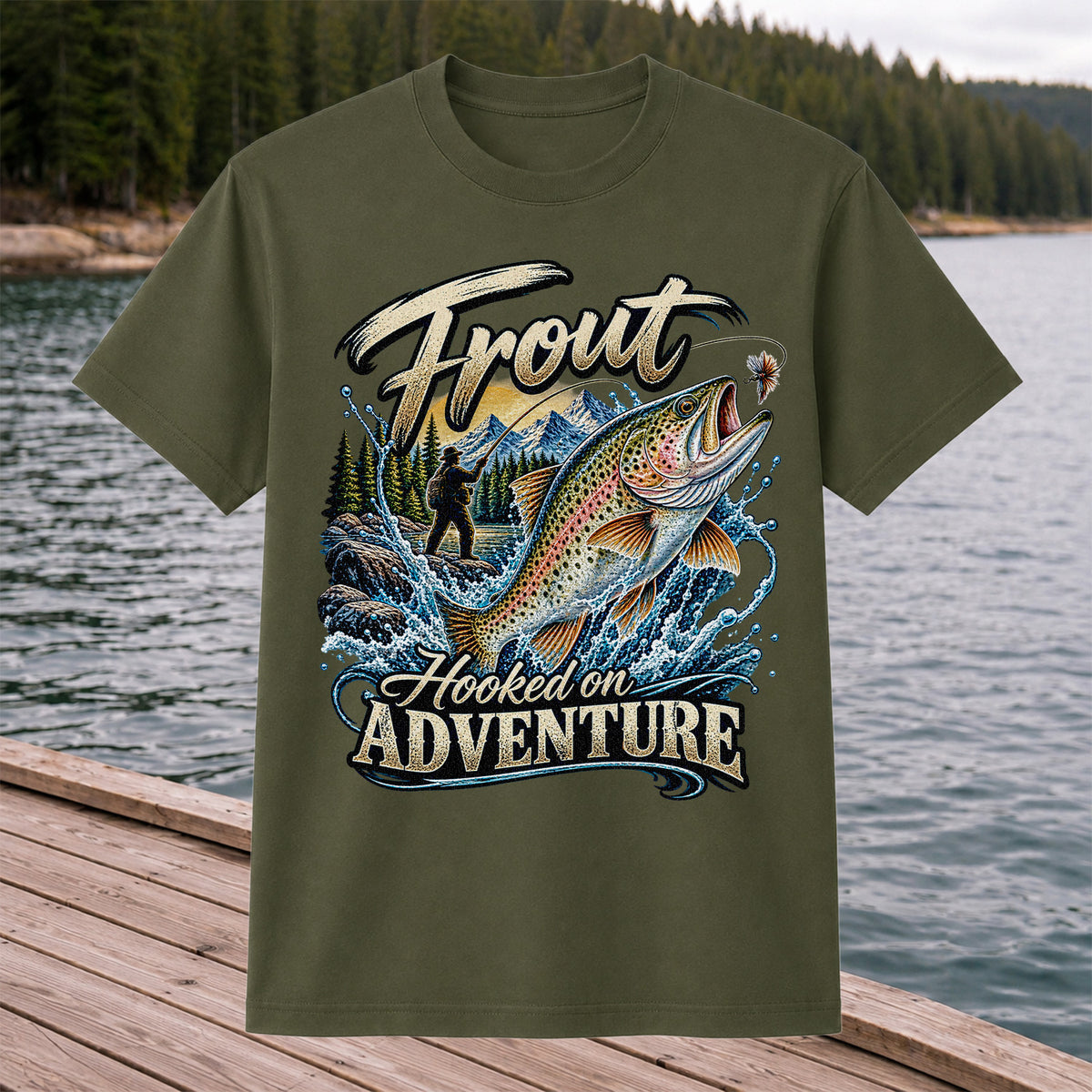 Trout Hooked on Adventure Mountain Fly Fishing T-Shirt