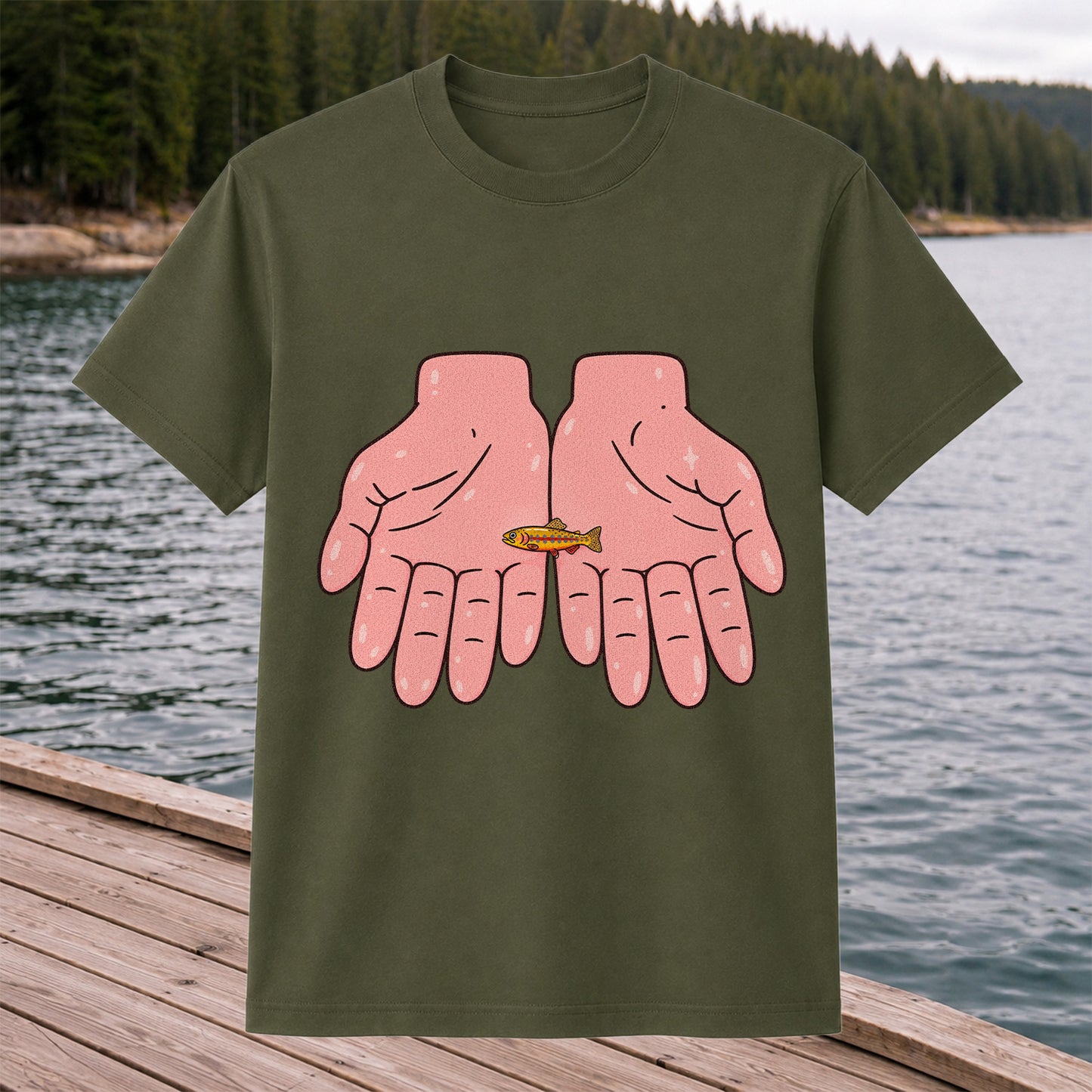 Tiny Rainbow Trout in Two Hands Cute Fishing Graphic T-Shirt
