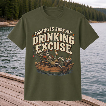 Fishing Is Just My Drinking Excuse Skeleton Angler T-Shirt