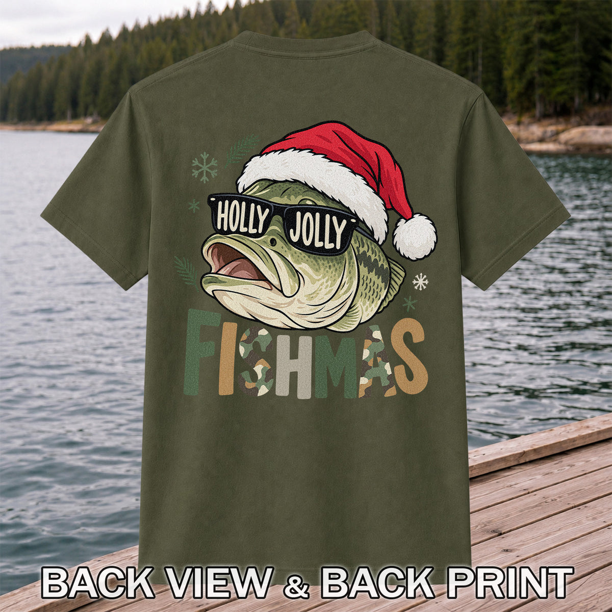 Bass Wearing Santa Hat and Holiday Glasses Fishing Graphic T-Shirt | Back Print