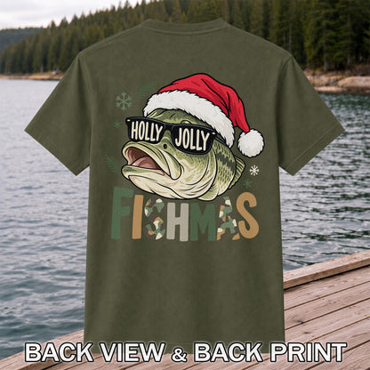 Bass Wearing Santa Hat and Holiday Glasses Fishing Graphic T-Shirt | Back Print