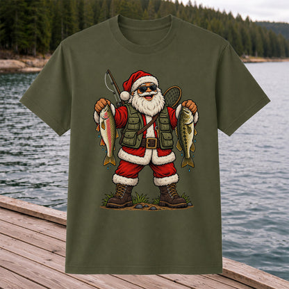 Santa Holding Rainbow Trout and Bass Christmas Fishing Graphic T-Shirt