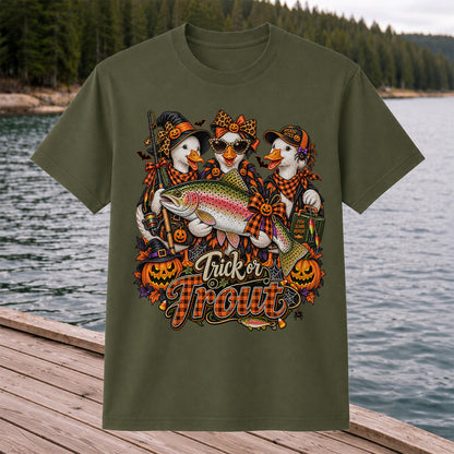 Trick or Trout Halloween Ducks with Rainbow Trout and Pumpkins Fishing T-Shirt