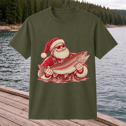 Santa Holding Trout Christmas Fishing Graphic T-Shirt