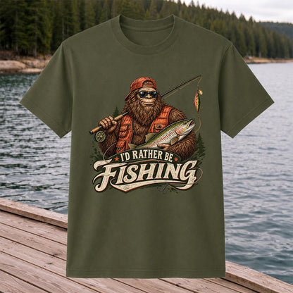 Bigfoot Holding Trout Funny Fishing Graphic T-Shirt