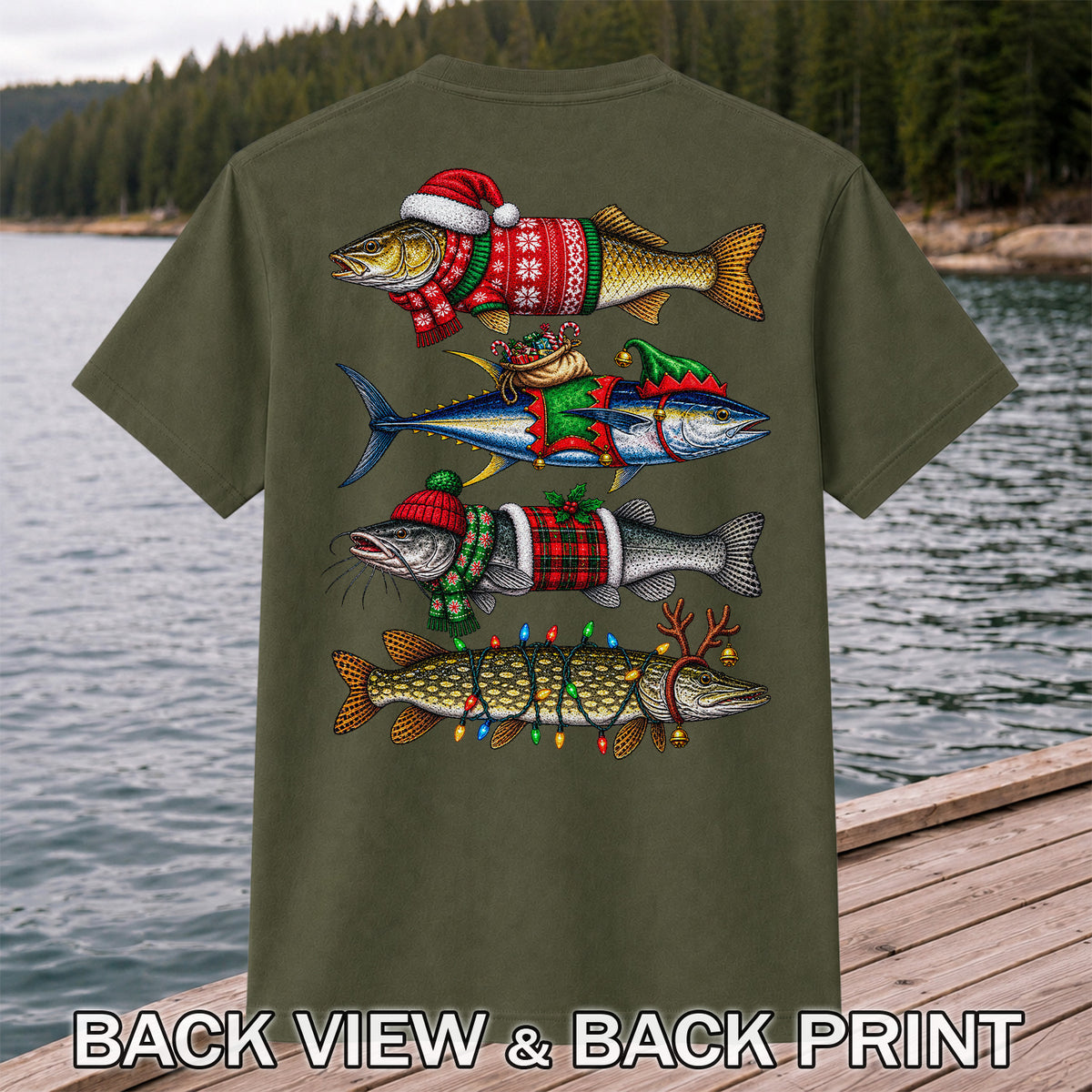 Christmas Fish in Festive Sweaters Fishing Graphic T-Shirt | Back Print