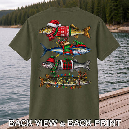 Christmas Fish in Festive Sweaters Fishing Graphic T-Shirt | Back Print