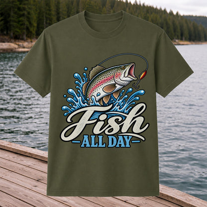 Fish All Day Jumping Rainbow Trout Fishing Graphic T-Shirt