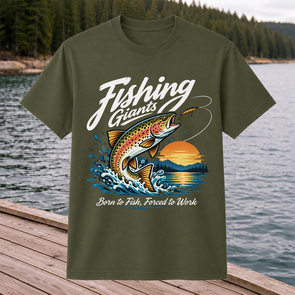Fishing Giants Born to Fish Forced to Work Rainbow Trout T-Shirt