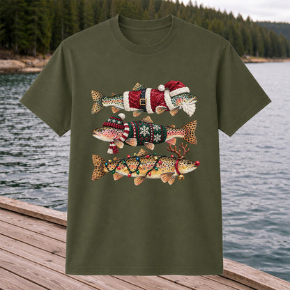 Christmas Trout Fishing Graphic T-Shirt with Festive Fish Artwork