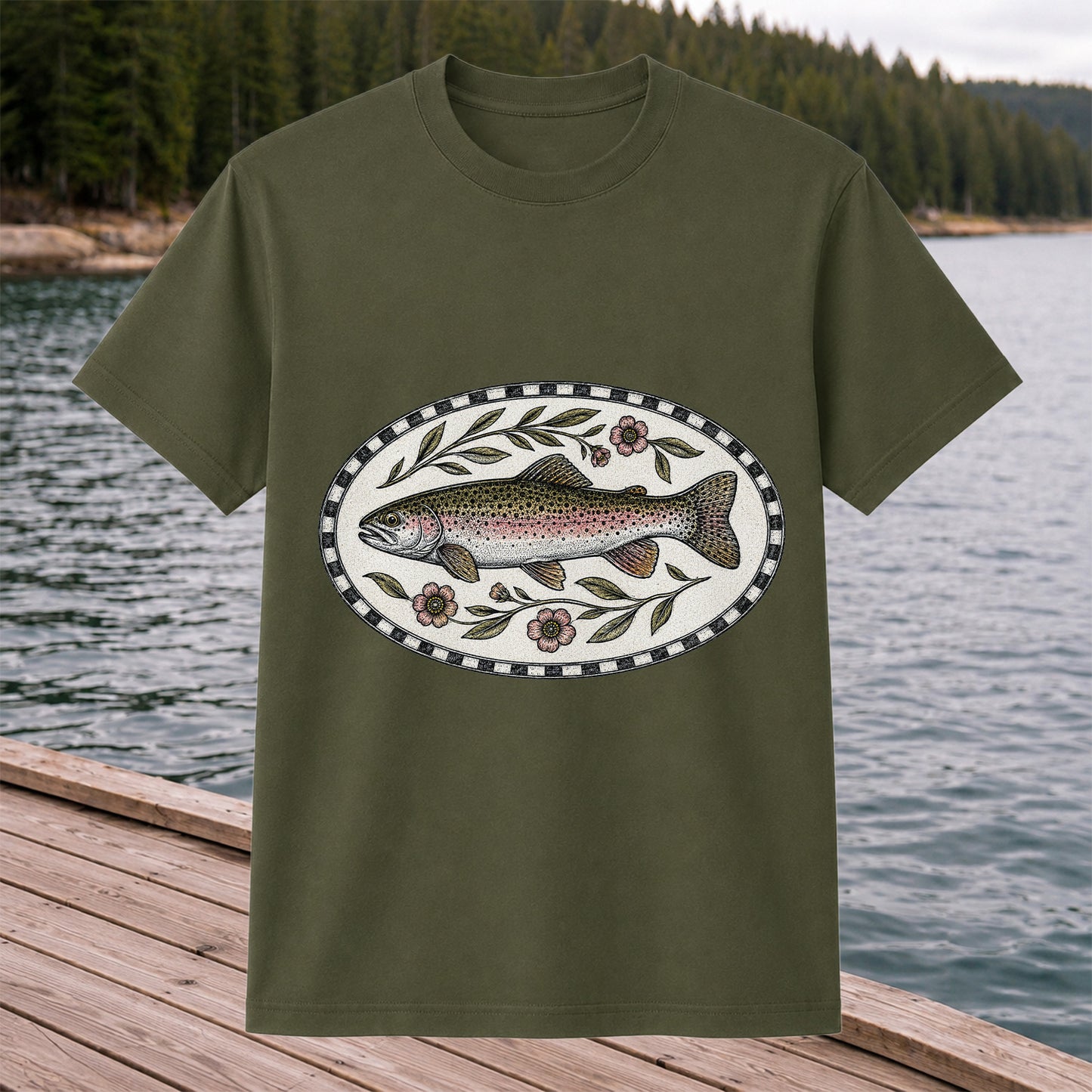 Vintage Floral Rainbow Trout Fishing Graphic T-Shirt