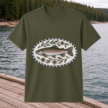 Vintage Floral Rainbow Trout Fishing Graphic T-Shirt