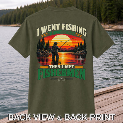 Sunset Fisherman Fishing Humor Graphic T-Shirt | Back Print