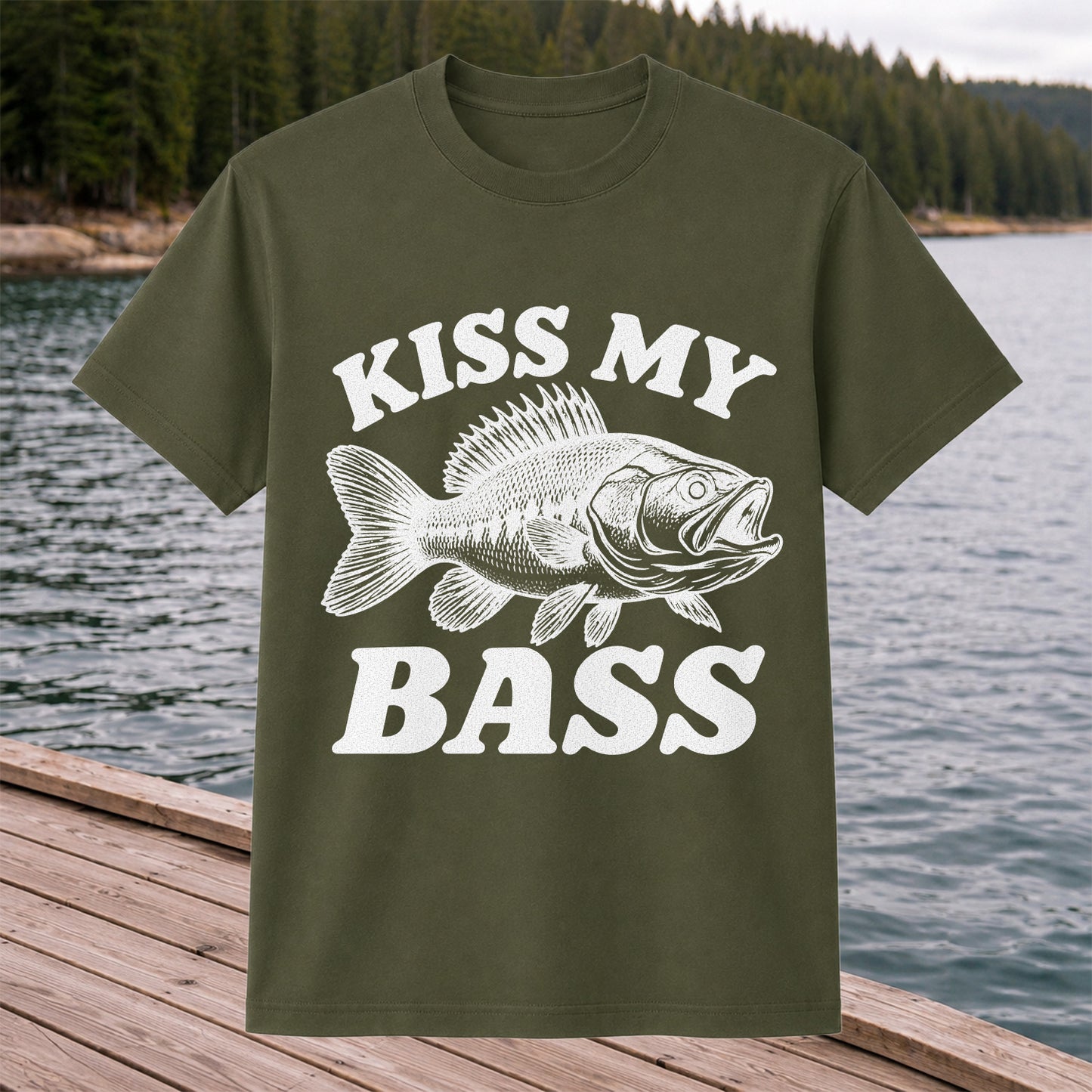 Kiss My Bass Blue Bass Funny Fishing Graphic T-Shirt
