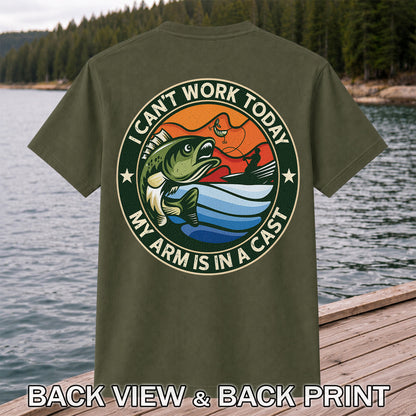 I Can't Work Today My Arm Is in a Cast Funny Bass Fishing T-Shirt | Back Print