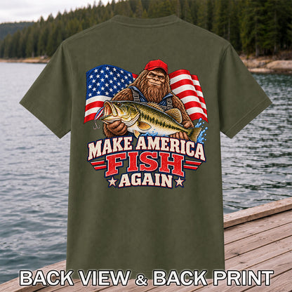 Make America Fish Again Bigfoot Bass Fishing T-Shirt | Back Print