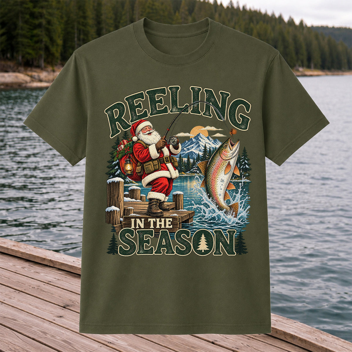 Reeling in the Season Santa Fishing for Rainbow Trout Christmas T-Shirt