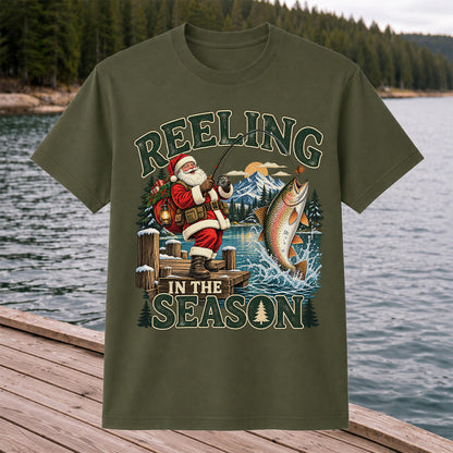 Reeling in the Season Santa Fishing for Rainbow Trout Christmas T-Shirt