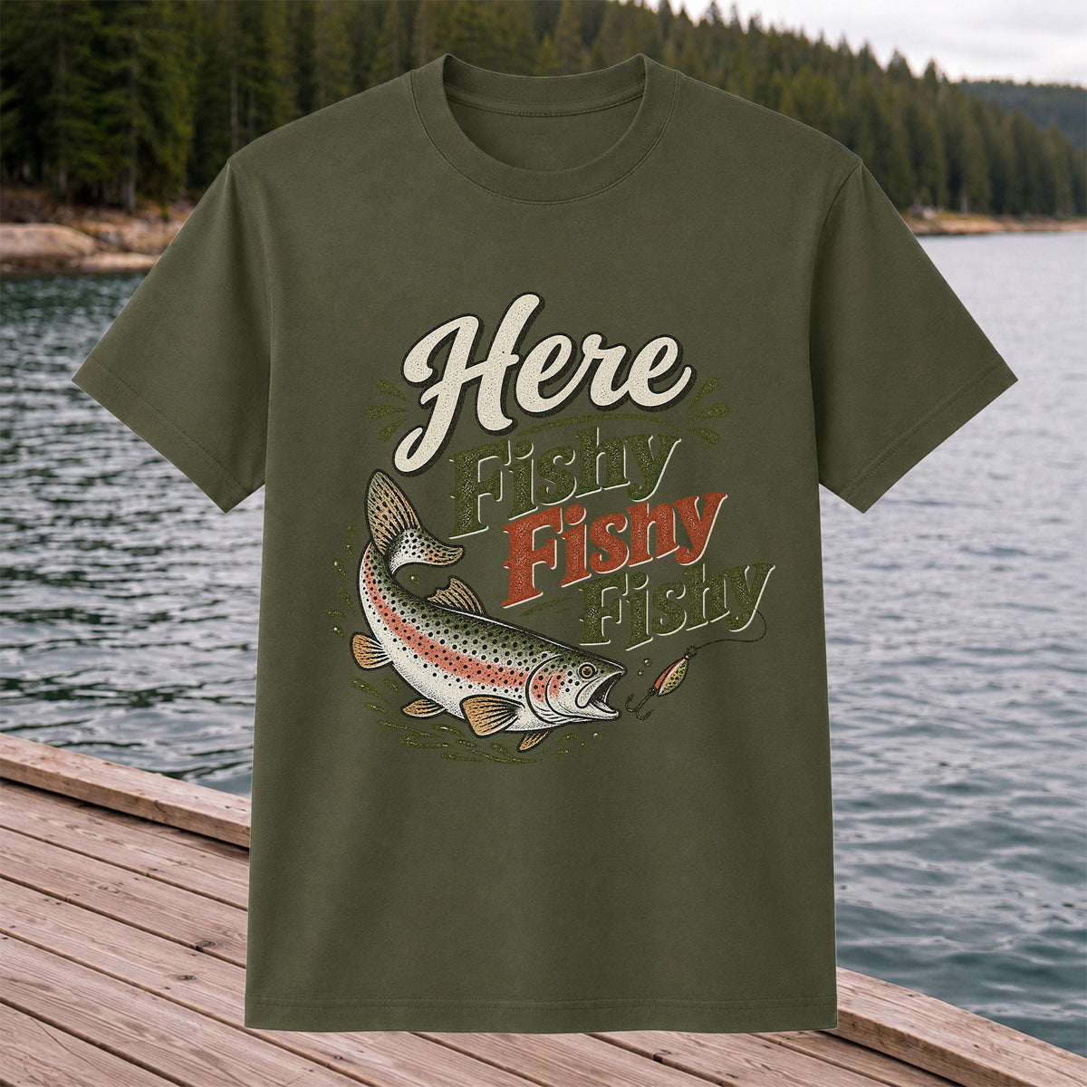 Here Fishy Fishy Rainbow Trout Fishing T-Shirt