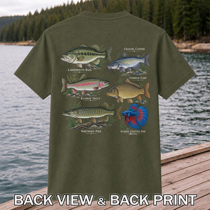 Bass Trout Catfish Carp Pike and Betta Freshwater Fish Graphic T-Shirt | Back Print