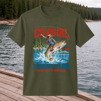 Cowgirl Riding Rainbow Trout Fishing Club T-Shirt