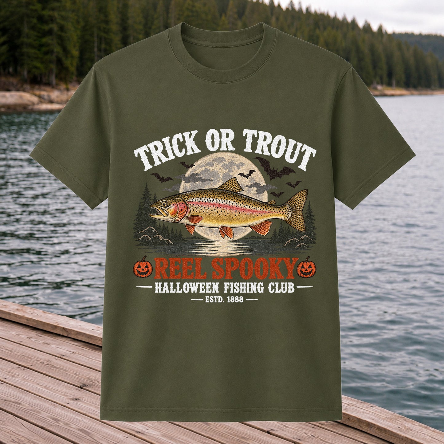 Trick or Trout Reel Spooky Halloween Fishing Club T-Shirt