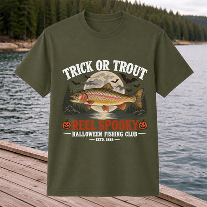 Trick or Trout Reel Spooky Halloween Fishing Club T-Shirt