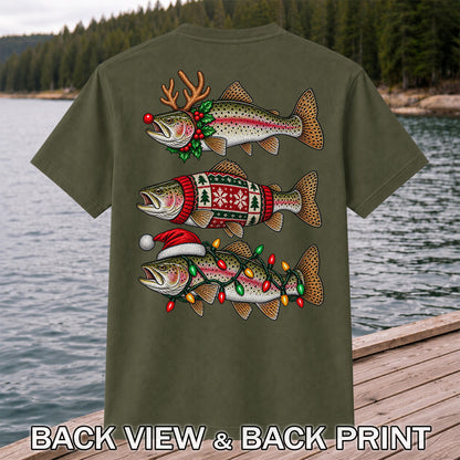 Christmas Trout Antlers Sweater and Lights Fishing T-Shirt | Back Print