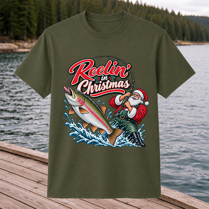 Reelin' in Christmas Santa Rainbow Trout Fishing T-Shirt