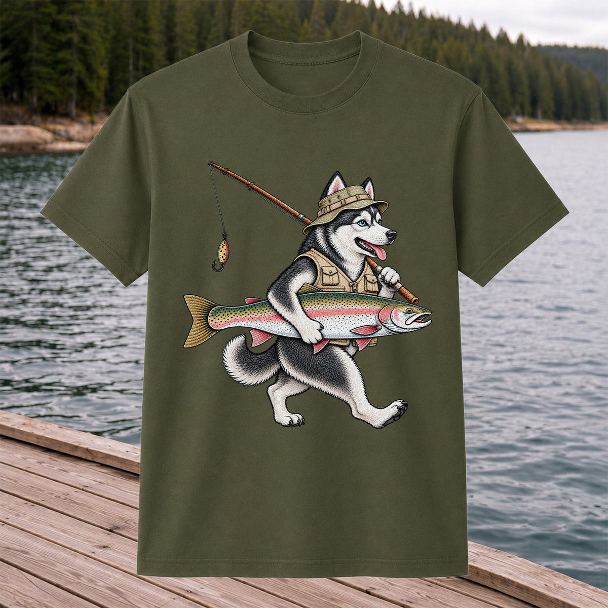 Husky Holding Rainbow Trout Fishing Graphic T-Shirt
